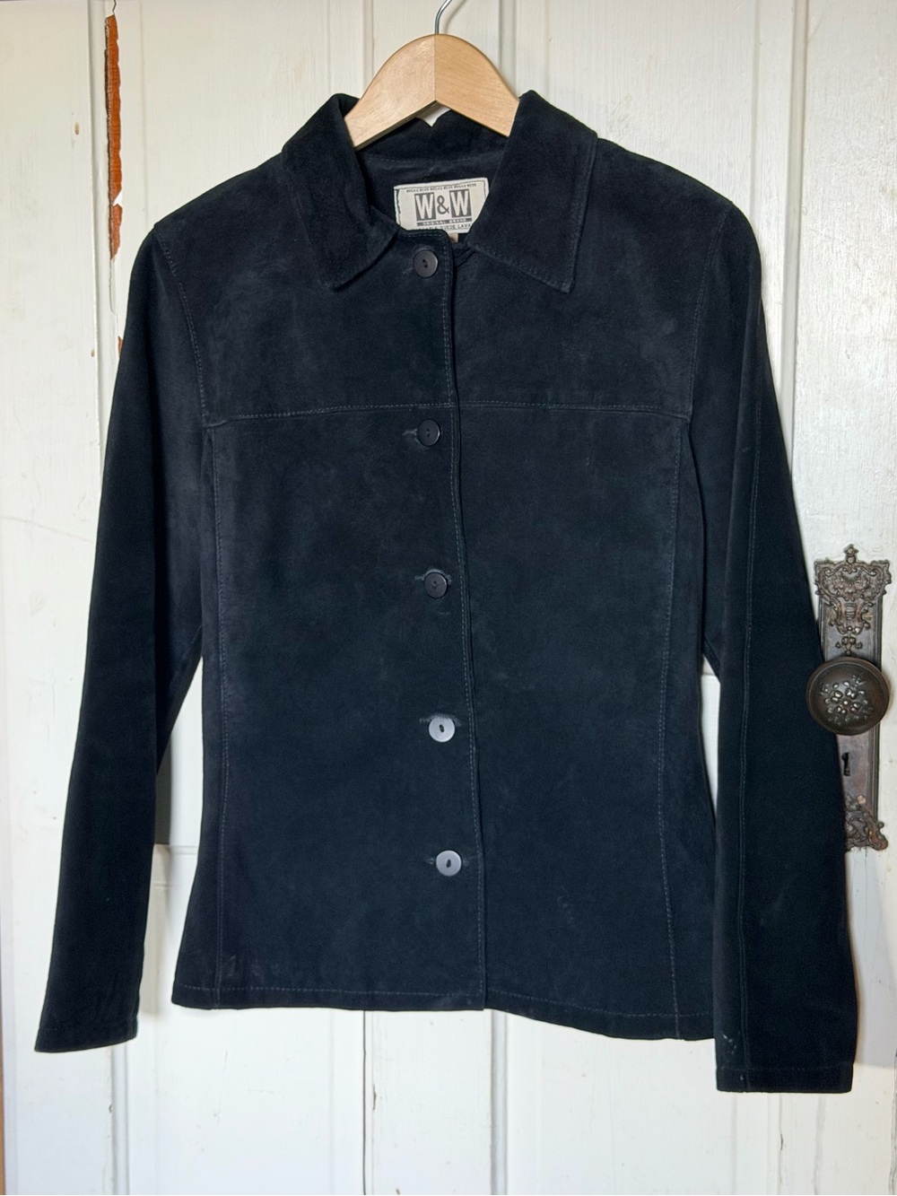 Vintage 90s W&W Black Washable Suede Jacket Small Petite Tailored